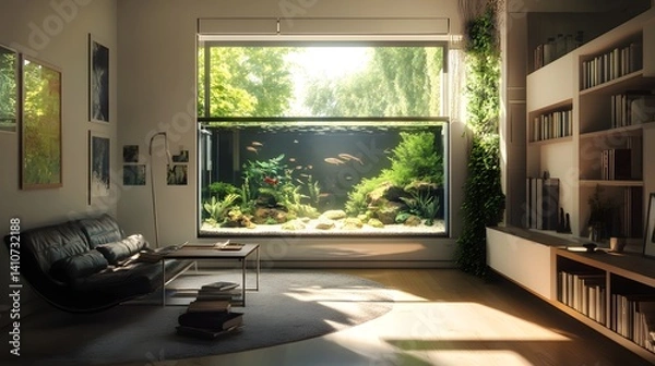 Fototapeta Modern Living Room with Immersive Aquarium: A sun-drenched modern living room features a stunning built-in aquarium, creating a seamless transition between indoor and outdoor spaces.