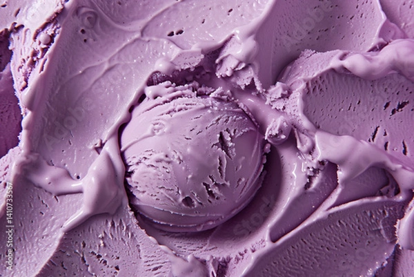 Fototapeta Crème glacée artisanale à la violette avec une boule de glace posée sur fond violet ton sur ton, spécialité gourmande du Sud de la France et de la Provence,  gourmandise avec espace négatif copyspace