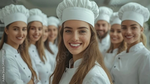 Fototapeta Diverse chefs in whites, smiling. Professional kitchen team posing, beaming