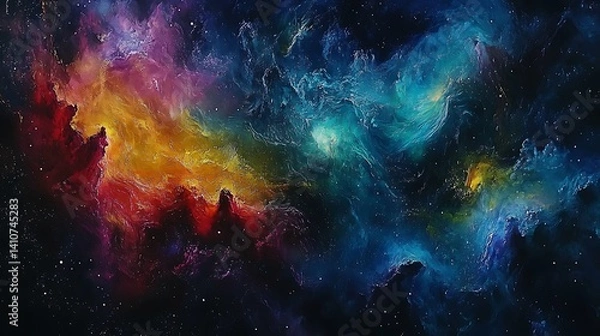 Fototapeta Vibrant Cosmic Nebula in Space, A vibrant, colorful nebula in space with swirling clouds of blue, green, yellow, and red