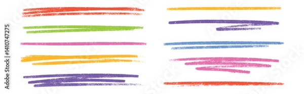 Obraz Pastel underline color crayon set - horizontal hand drawn chalk, marker or pencil highlighter strokes with rough textured edges. Design elements for emphasizing text lines and decorative accents