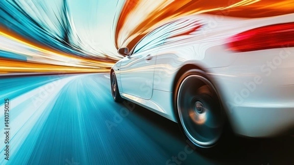 Fototapeta A fast moving white car with motion blur on a road