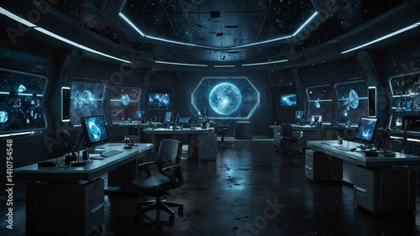 Fototapeta Futuristic empty and abandoned research lab in an unknown location