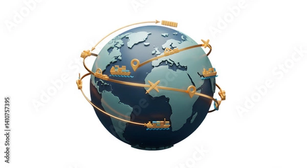 Fototapeta A globe with shipping routes depicted by golden lines and icons on a black background showing logistics