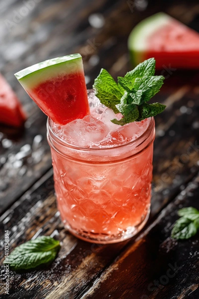 Obraz Refreshing summer cocktail garnished with watermelon slice and fresh mint leaves