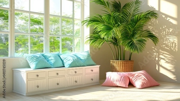 Obraz A white chest topped with a beautiful arrangement of houseplants stands out in a sunlit living room, enhanced by a trendy wall backdrop.