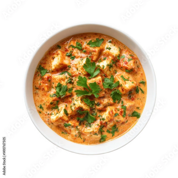 Fototapeta Close up of paneer butter masala in a white bowl with fresh herbs isolated on transparent background