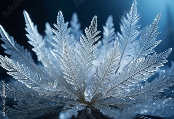Fototapeta A close up of a snowflake on a blue background.