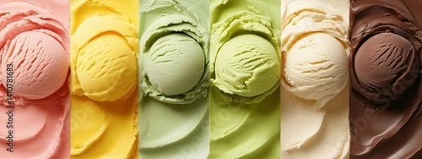 Fototapeta Different ice cream texture close up: strawberry, mango, mint, pistachio, vanilla, chocolate flavors.