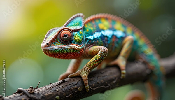Fototapeta Vibrant chameleon with multicolored skin perched on a textured branch against a blurred green and yellow background.

