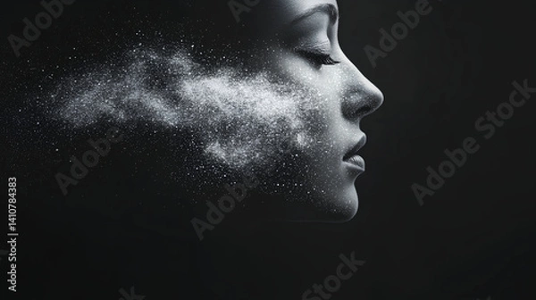 Fototapeta A woman's profile with dust particles swirling around her nose,