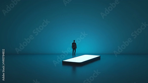 Fototapeta tiny figure walking into horizon leaving behind a glowing smartphone