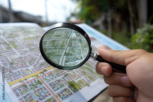 Obraz Planner searches map with magnifying glass for residential land investment  
