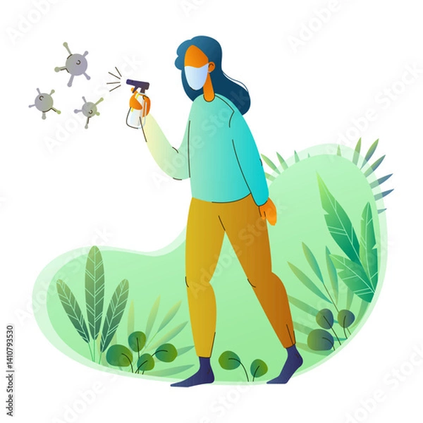 Fototapeta Flat vector illustration of a woman in face mask spraying antiseptic at germs. Full body view with decorative plants in the background. Concept of hygiene and health protection.