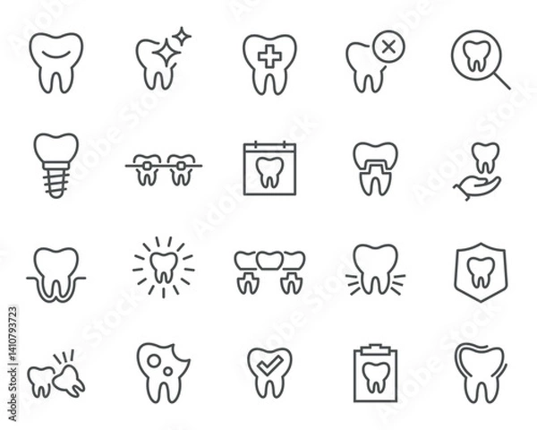 Fototapeta Editable vector icon set on the theme of dentistry in a linear style. It includes icons of teeth, implants, treatments, X-rays, and much more, ready to use.