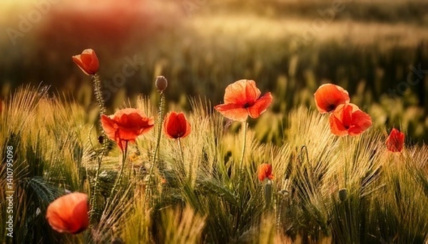 Obraz Poppies in the cornfield with a fuzzy background