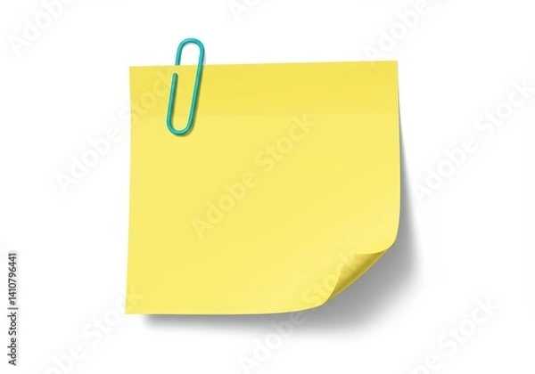 Fototapeta A yellow sticky note with a blue paper clip attached on a clean white background