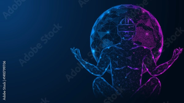 Fototapeta Meditation with augmented reality glasses. Low-poly design of interconnected lines and dots.