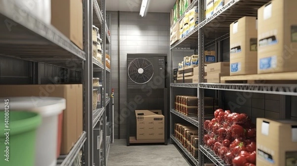 Obraz A 3D model shows industrial refrigeration equipment: a walk-in freezer with shelves stocked with boxes and a visible internal fan.  Ideal for frozen food storage in restaurants.
 