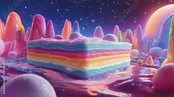 Fototapeta A surreal fudge with glowing layers floating in a cosmic dessert parlor 
