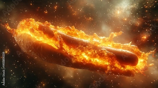 Fototapeta A surreal hot dog shaped like a glowing comet in a cosmic background 