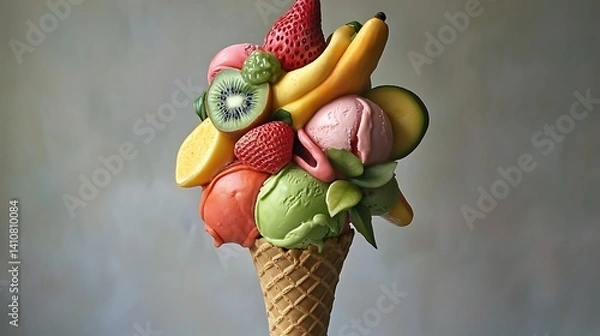 Fototapeta A surreal ice cream cone with each scoop shaped like a different fruit 