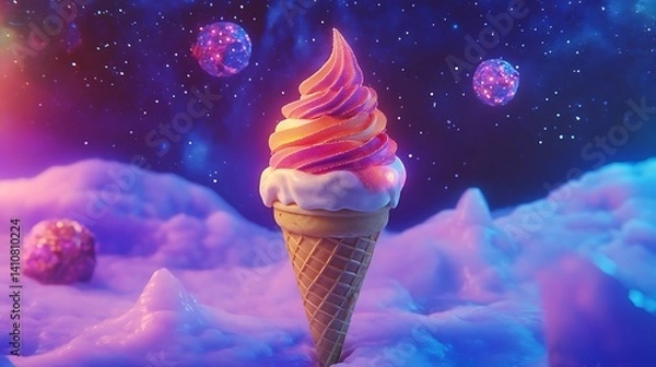 Fototapeta A surreal ice cream cone with glowing patterns floating in a cosmic dessert shop 
