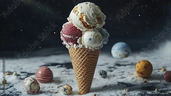 Fototapeta A surreal ice cream cone with scoops resembling tiny planets orbiting in harmony 