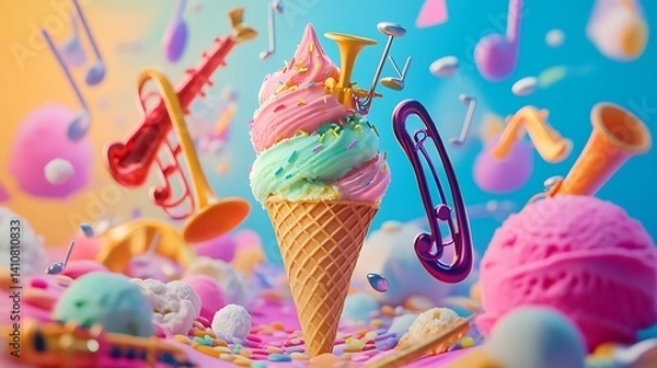 Fototapeta A surreal ice cream cone with scoops shaped like musical instruments in a colorful symphony 