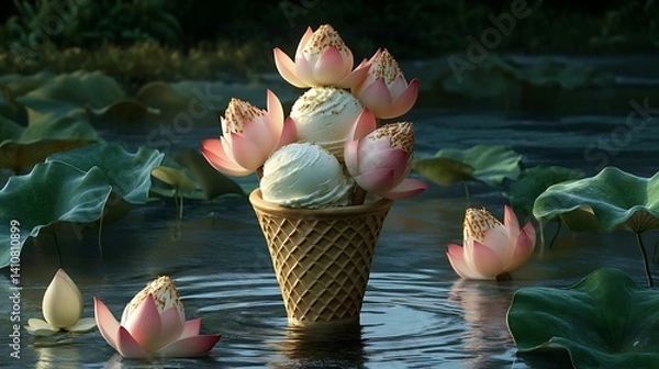 Fototapeta A surreal ice cream cone with scoops resembling blooming lotus flowers in a serene pond 