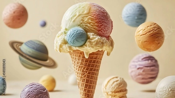 Fototapeta A surreal ice cream cone with scoops shaped like planets orbiting each other 