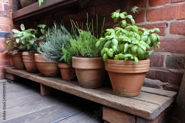 Obraz A charming display of fresh herbs thrives in terracotta pots on a weathered wooden shelf.