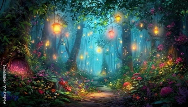 Obraz An enchanted forest path with glowing lanterns, dense trees, and colorful flowers. Ideal for fantasy illustrations, children's books, or mystical theme promotions.
