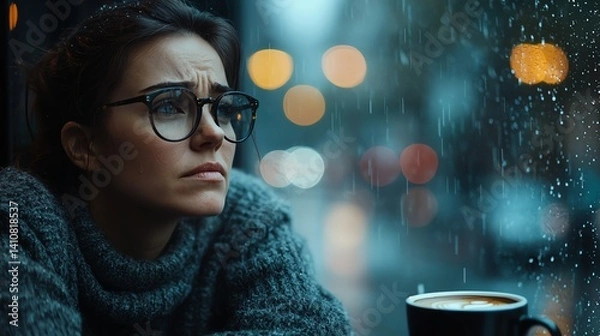 Obraz A pensive woman gazes out a rainy window while enjoying a warm cup of coffee. The soft glow of city lights creates a cozy atmosphere, evoking feelings of reflection and solitude.