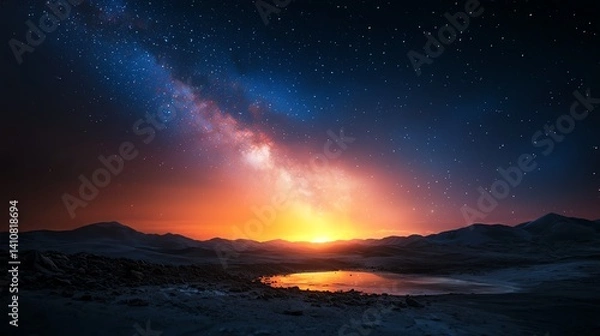 Obraz A breathtaking view of a starry night sky, featuring the Milky Way and a stunning sunset reflected on a tranquil lake. The vibrant colors create a serene atmosphere in nature.