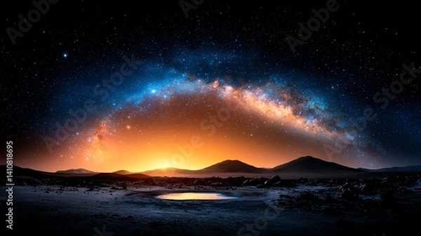 Obraz A stunning cosmic landscape featuring a vibrant sunset illuminating the horizon and a starry sky with a beautiful arc of the Milky Way, perfect for natural beauty enthusiasts.
