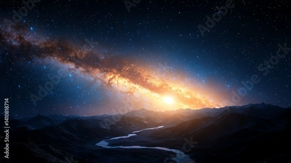 Obraz A stunning celestial scene depicting a vibrant galaxy illuminating the night sky above rugged mountains and a winding river, showcasing the beauty of the universe and its mysteries