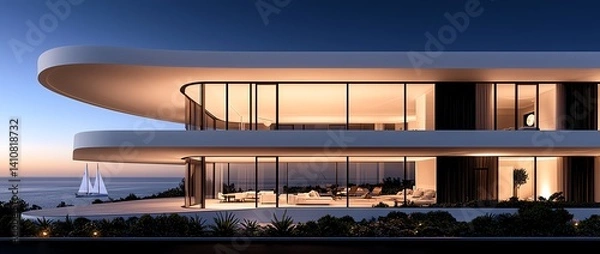 Obraz Modern architectural masterpiece by the ocean featuring large glass windows, sleek lines, and stylish interiors, with a stunning view of the sea and elegance in design.