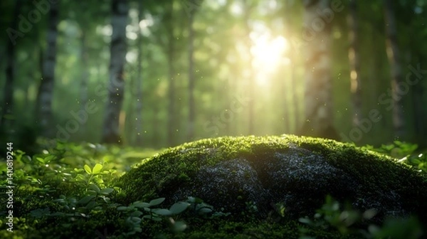 Fototapeta A serene scene in a lush forest, featuring a moss-covered rock illuminated by soft sunlight filtering through the trees. This tranquil setting invites peace and reflection.