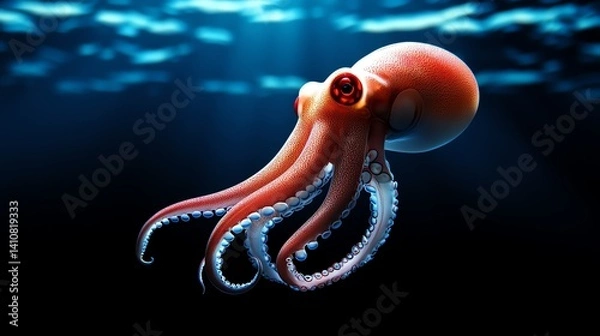 Obraz A stunning underwater scene featuring a vibrant octopus swimming gracefully in the ocean. The light creates a mesmerizing effect, showcasing its unique colors and texture.