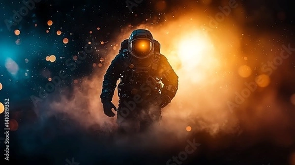 Fototapeta An astronaut exploring the cosmos, surrounded by vibrant colors and cosmic nebulae. The scene conveys a sense of wonder, adventure, and the mysteries of outer space.