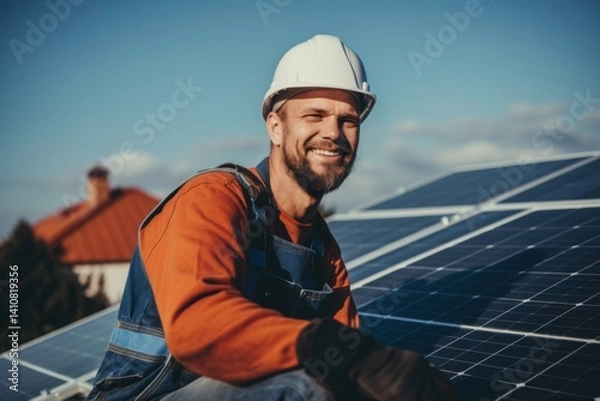Fototapeta Portrait of a construction worker installs solar panel on the roof of a house