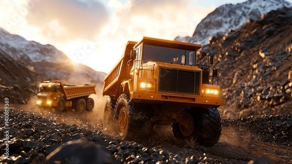 Obraz Heavy-duty dump trucks navigate rugged terrain, showcasing strength and efficiency in mining operations. The vibrant sunset enhances the gritty atmosphere of machinery at work.