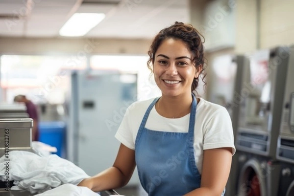 Fototapeta Portrait of a smiling Hispanic woman working at laundromat