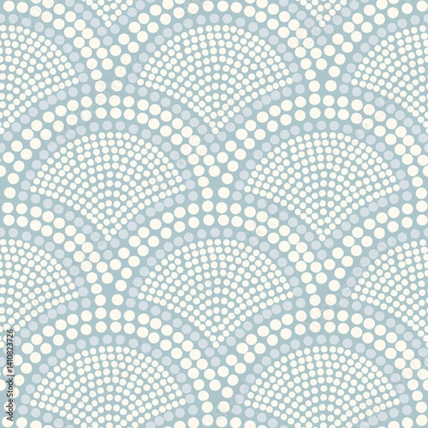 Obraz Elegant dotted scallop pattern with white fan shapes on light blue background. Seamless vector print with classic geometric mosaic shapes for minimal design with coastal cottagecore timeless motifs.