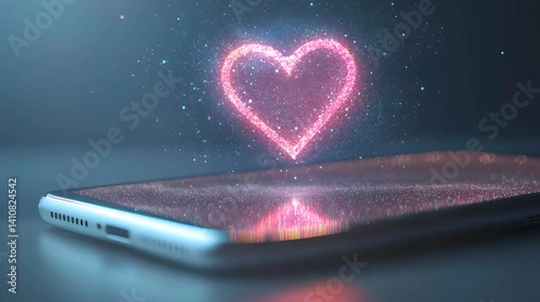 Fototapeta Digital Love: A glowing heart emanates from a smartphone, a symbol of connection, affection, and communication in the digital age.