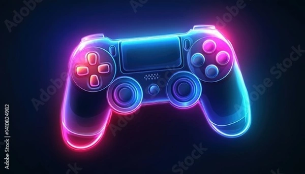Fototapeta A neon-lit game controller against a black backdrop. Ideal for gaming peripherals ads, esports promotions, or tech art installations.
