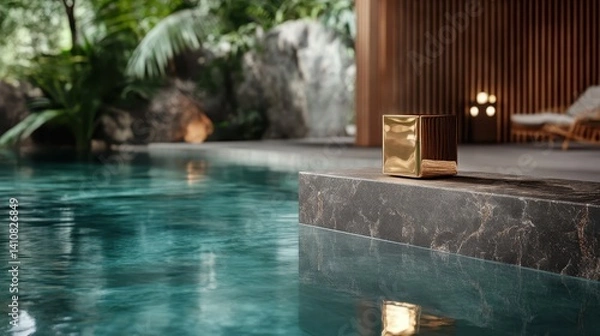 Obraz A serene scene featuring a gold cube placed near a swimming pool, surrounded by lush greenery and reflecting natural light, ideal for relaxation and luxury imagery.