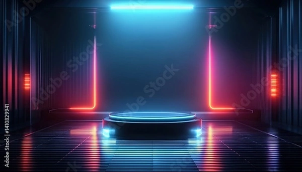 Fototapeta A sci-fi room features a double-layered circular metal platform with neon lights, ceiling strips, and grating floors. Suited for tech product launches, VR environments, or cyberpunk-themed media.