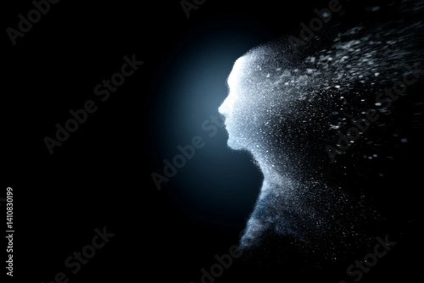 Fototapeta Ethereal Silhouette of a Person Disintegrating into Light Particles against Black Backdrop